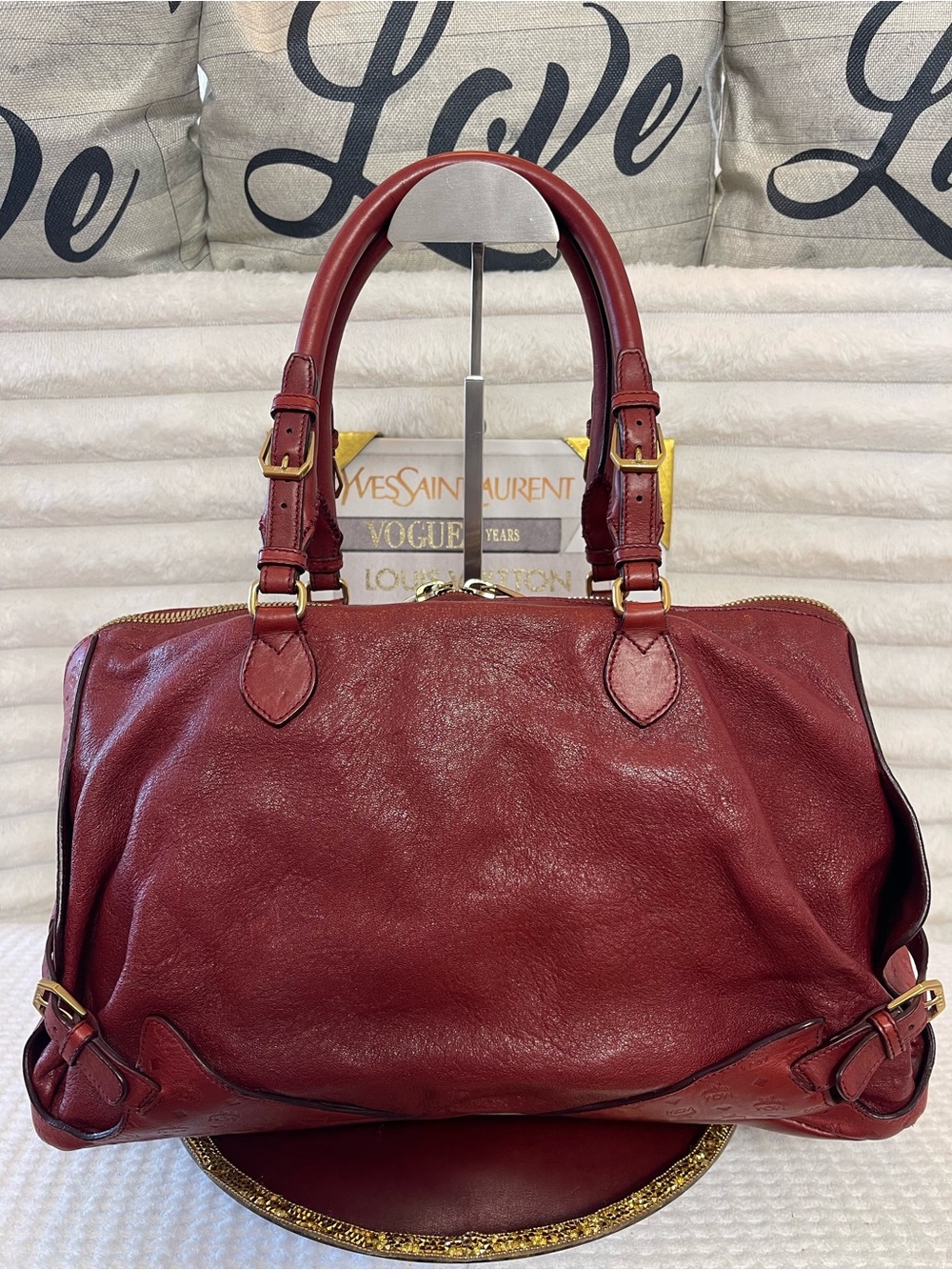 Large MCM Burgundy Leather Satchel with Gold Hardware - Picture 3 of 12